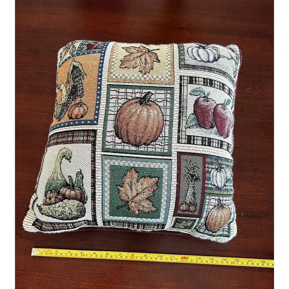 Fall Autumn Needlepoint‎ Pillow Pumpkins Apples Leaves Thanksgiving Decor 16x16